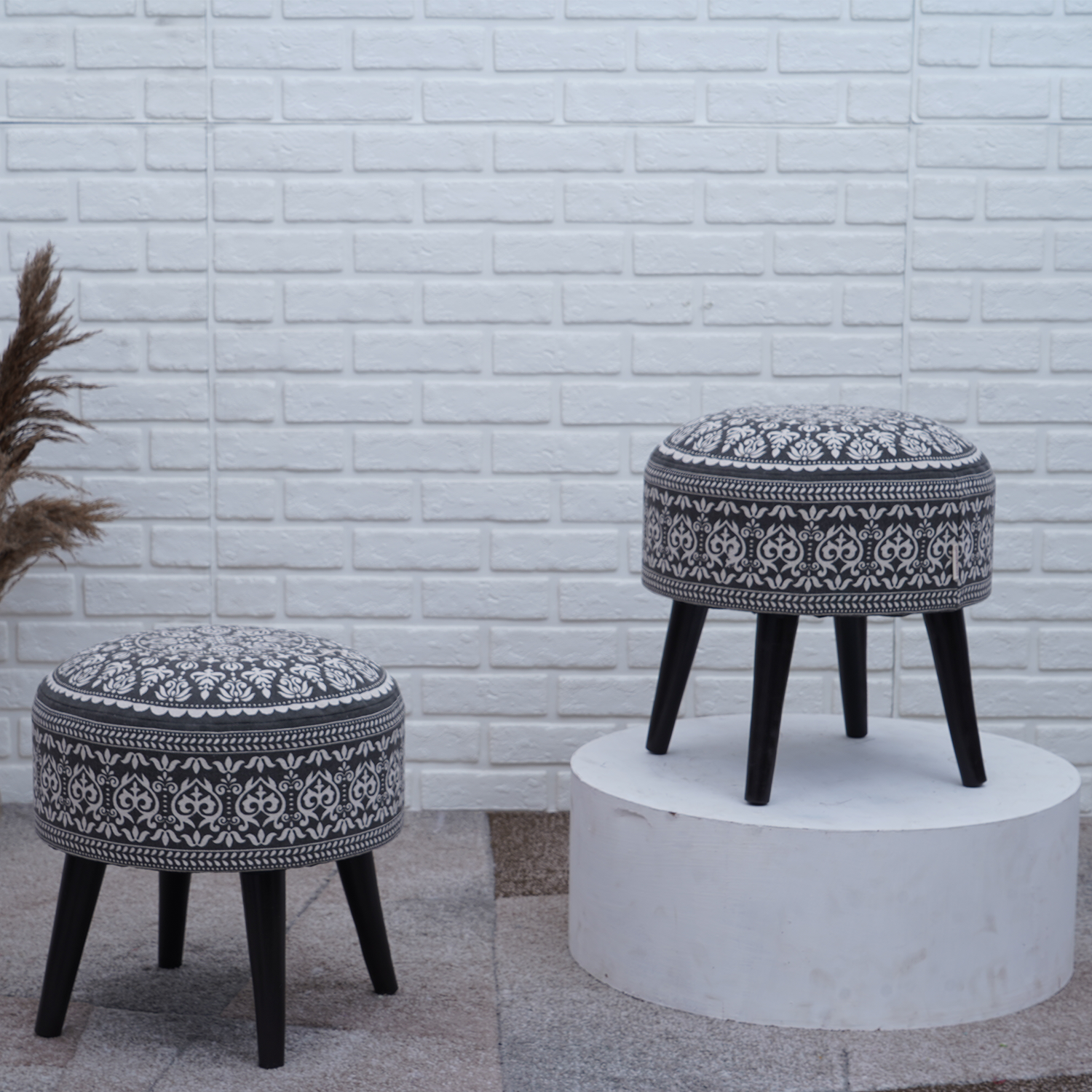 Mandala Wooden Ottoman in Gray Color Set of 2