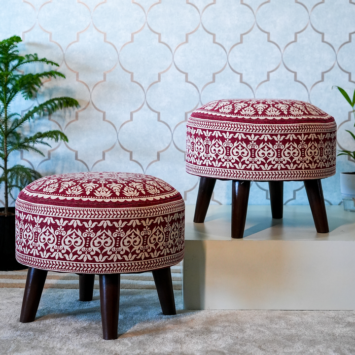 Contemporary Mandala Wooden Tuffet in Cherry Red Color Set of 2