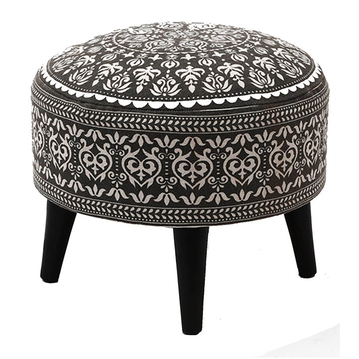 Contemporary Mandala Wooden Tuffet in Grey Color