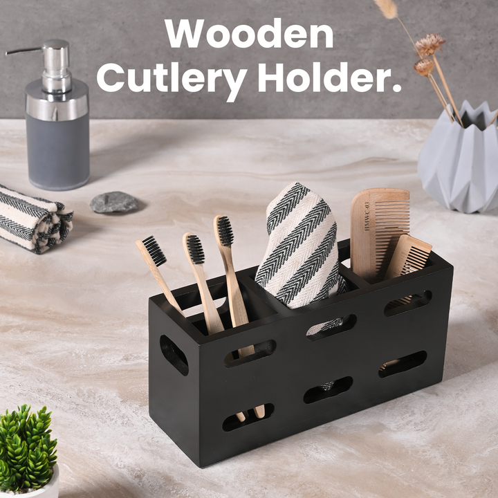 Greetwood MDF Wooden Cutlery Holder for Kitchen in Black Color