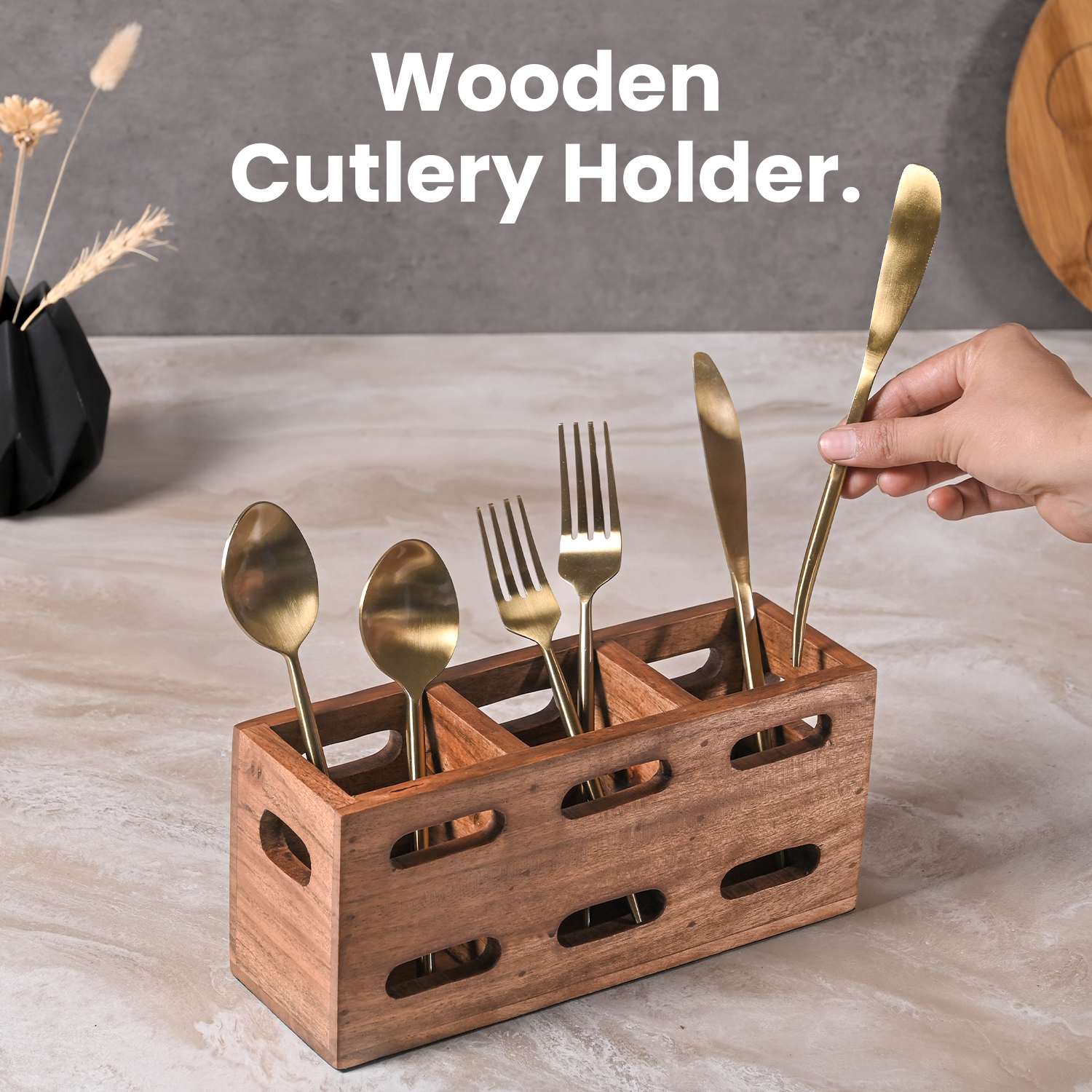 Greetwood Ventilated Wooden Cutlery Holder for Kitchen