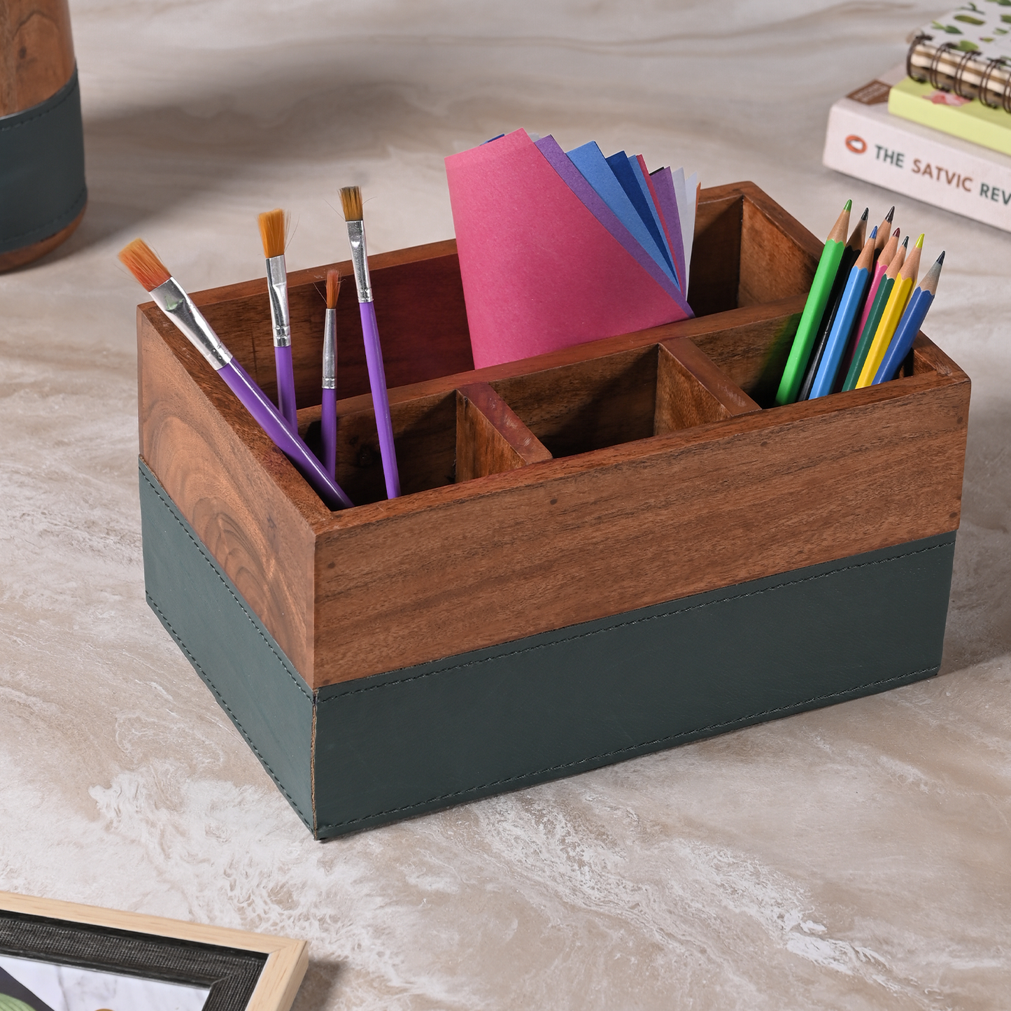 Greetwood Wooden Cutlery Holder for Kitchen in Leather Accent