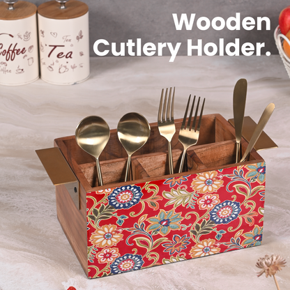 Greetwood Red Printed Wooden Cutlery Holder for Kitchen