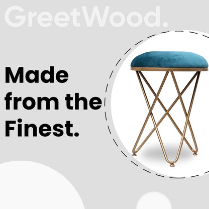 Ultra-modern Cross Leg Golden Metal Stool in Teal Blue Cushion Set of 2