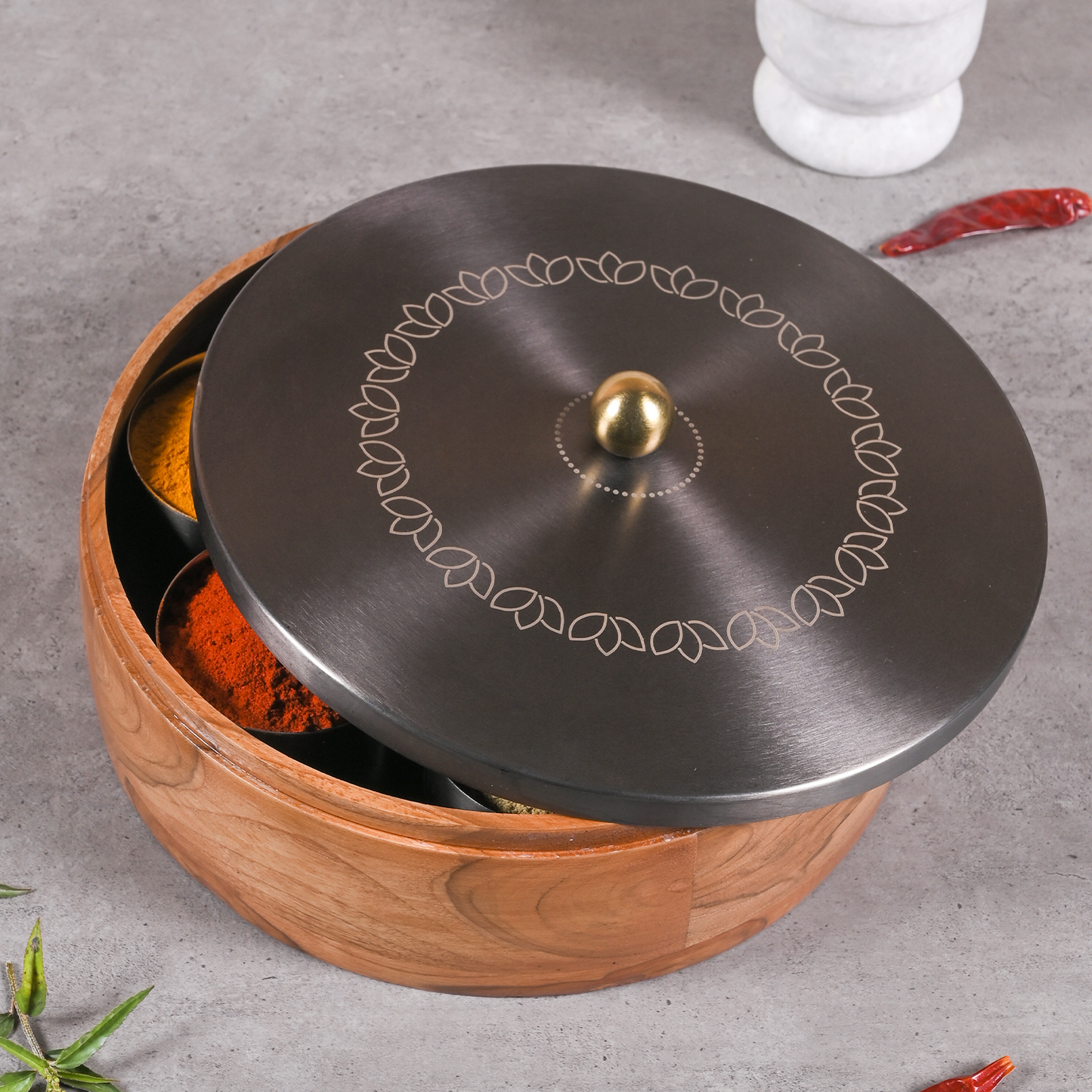 Greetwood GunMetal Lotus Wooden Masala Box for Kitchen
