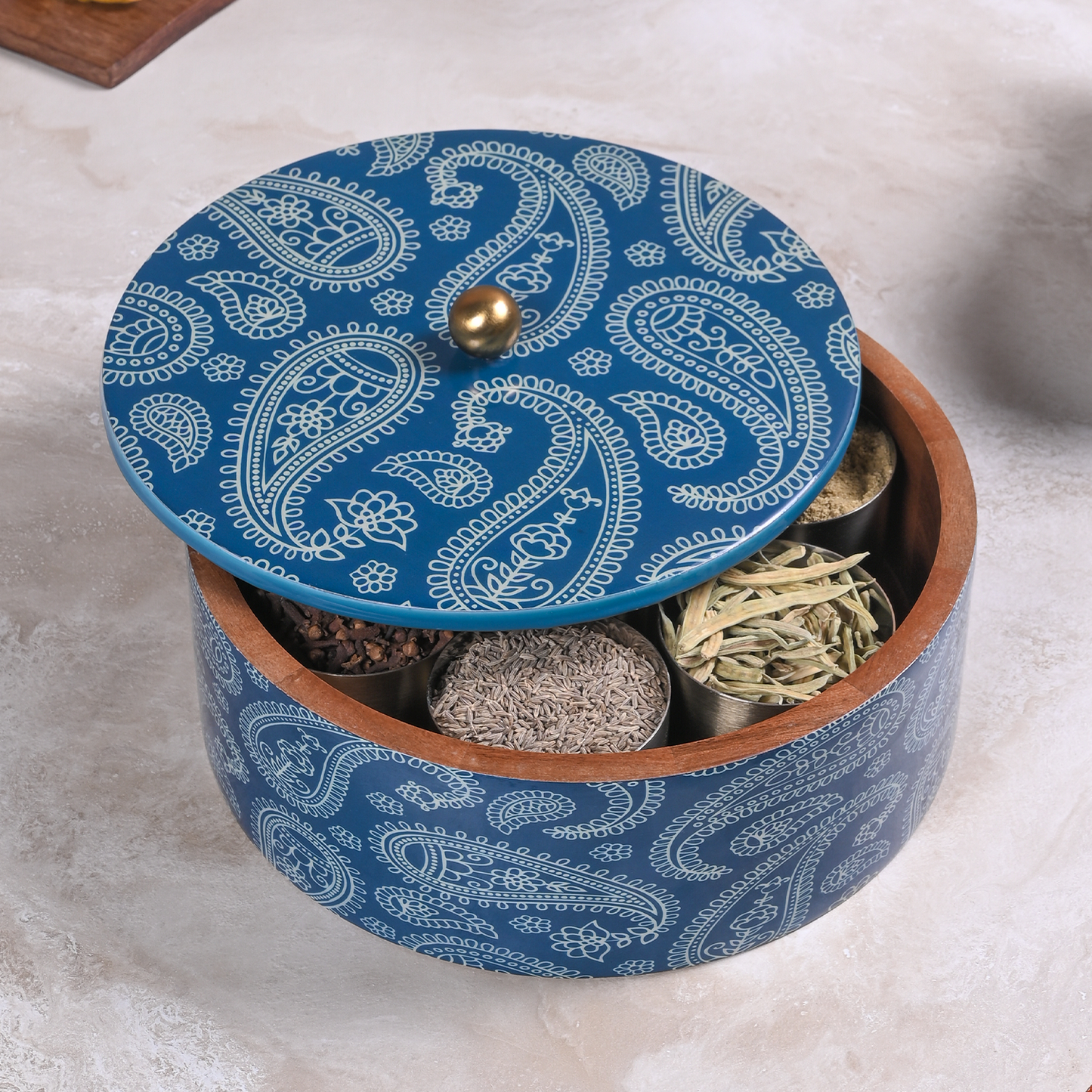 Greetwood Blue Printed Wooden Masala Box for Kitchen