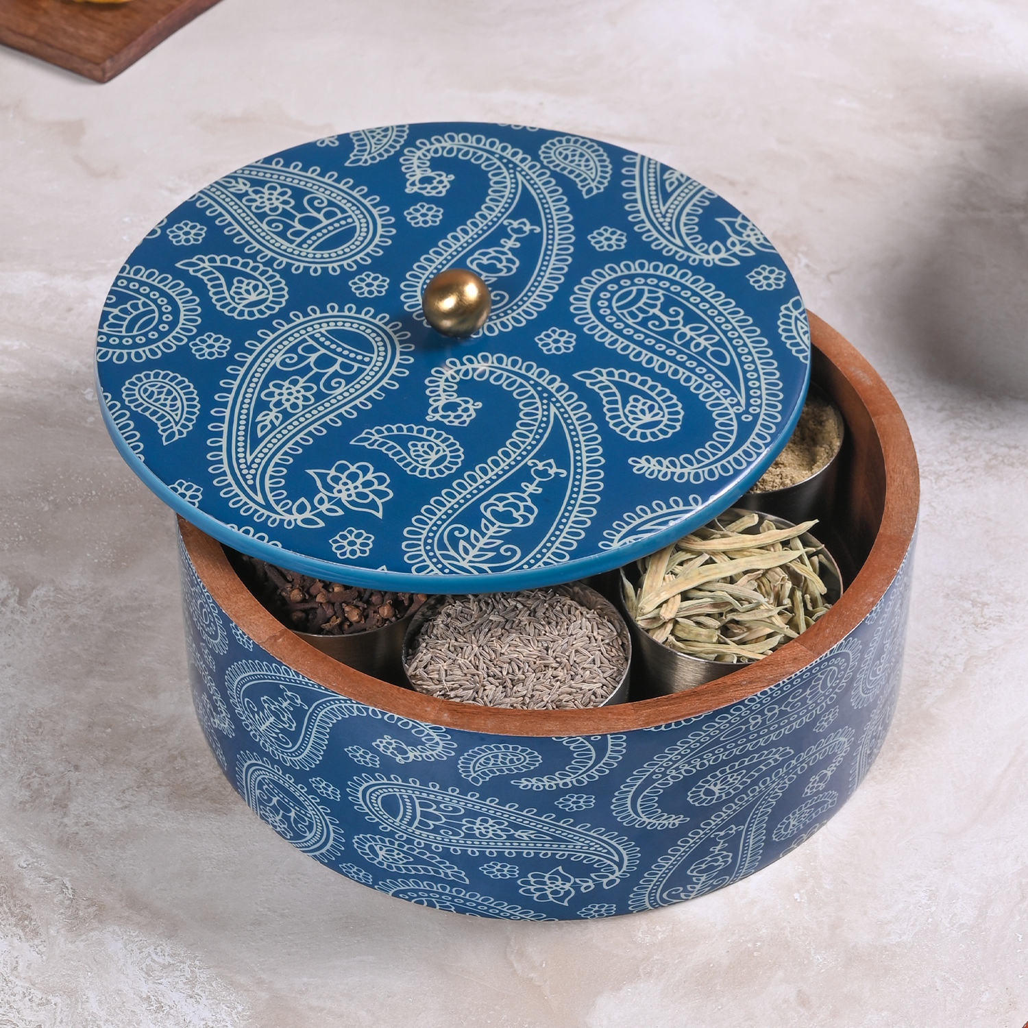 Greetwood Blue Printed Wooden Masala Box for Kitchen