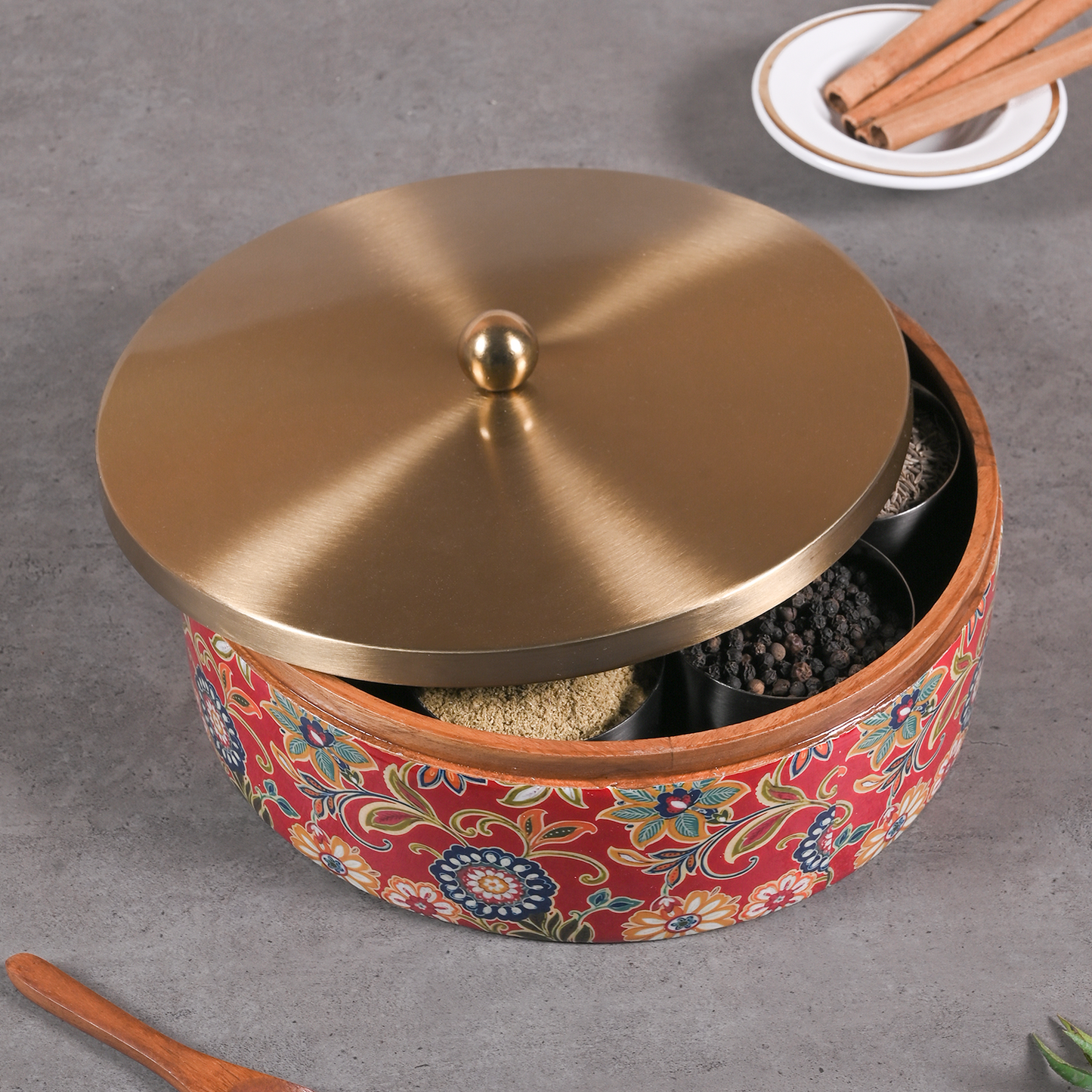Greetwood Brass Lid Wooden Masala Box for Kitchen in Red Print