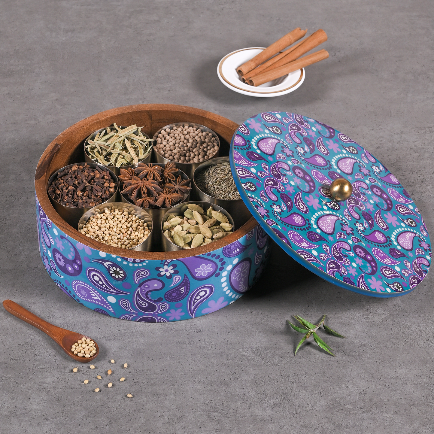 Greetwood Purple Printed Wooden Masala Box for Kitchen