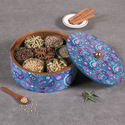 Greetwood Purple Printed Wooden Masala Box for Kitchen