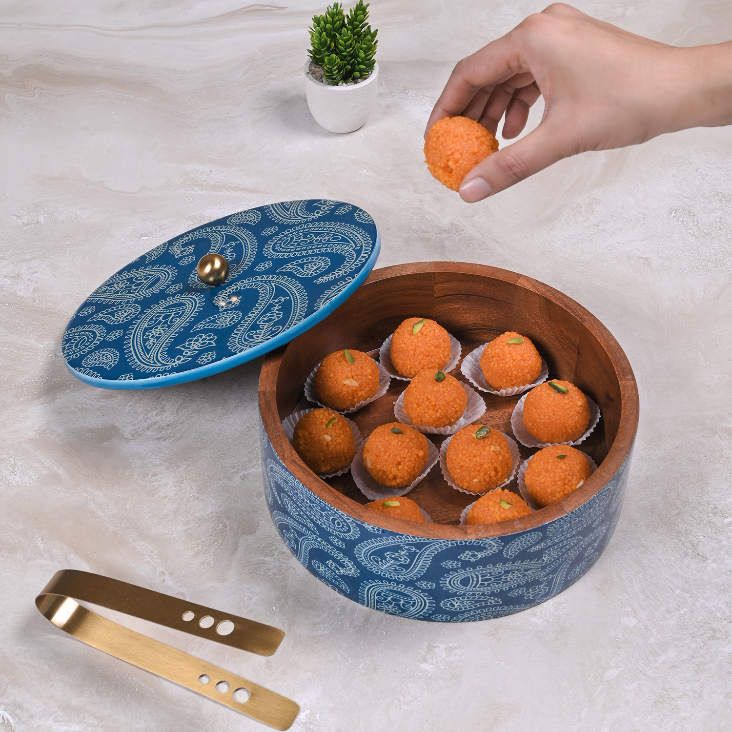 Greetwood Blue Printed Wooden Chapati Box for Kitchen