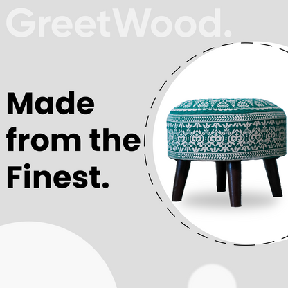 Contemporary Mandala Wooden Tuffet in Teal Blue Color Set of 2