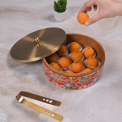 Greetwood Brass Lid Wooden Chapati Box for Kitchen in Red Print