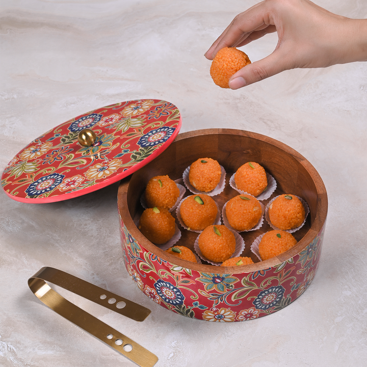 Greetwood Red Printed Wooden Chapati Box for Kitchen