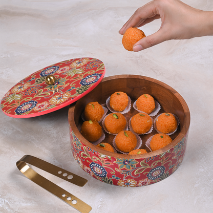 Greetwood Red Printed Wooden Chapati Box for Kitchen