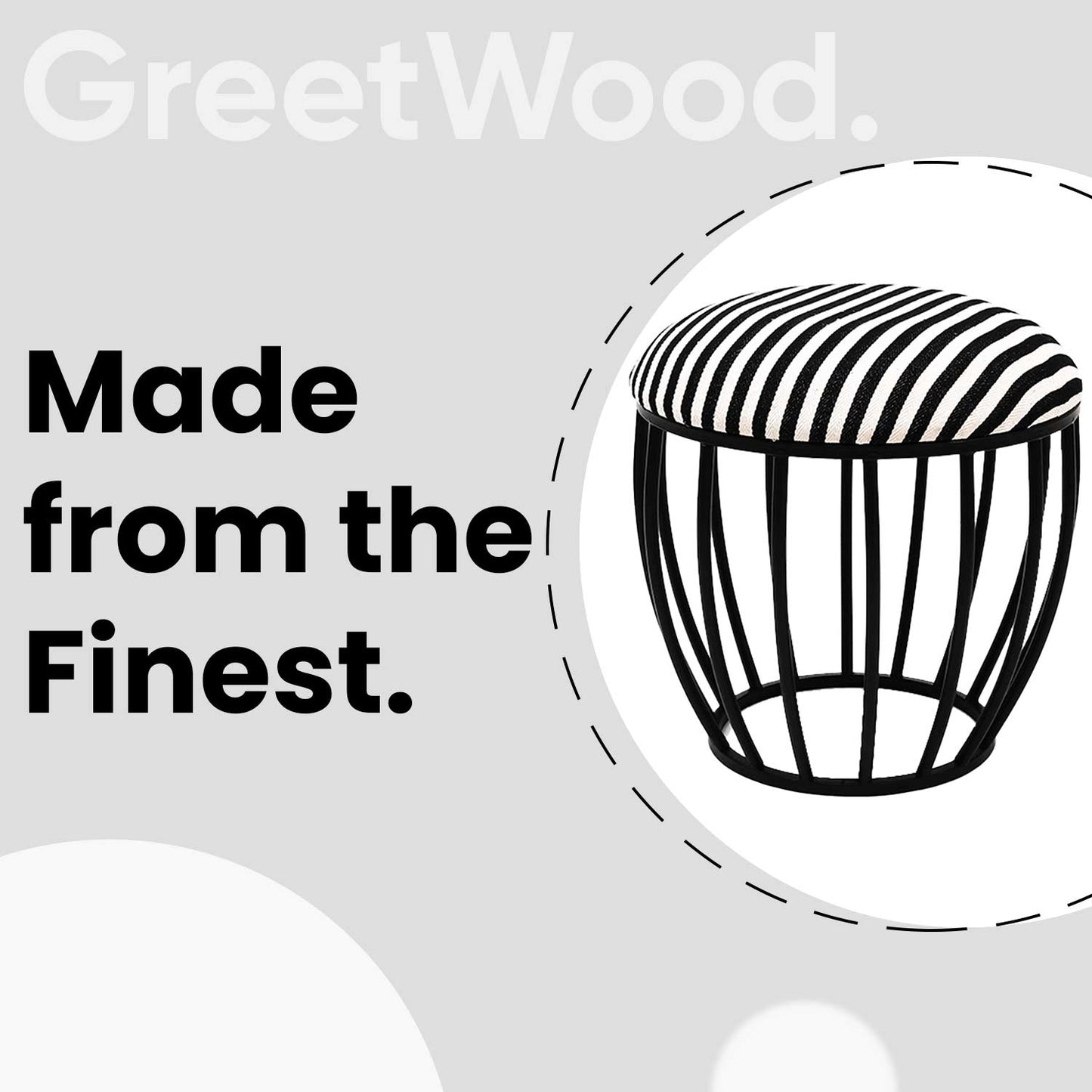 Classic Cage-Style Matt Black Metal Stool in Black &amp; White Stripe