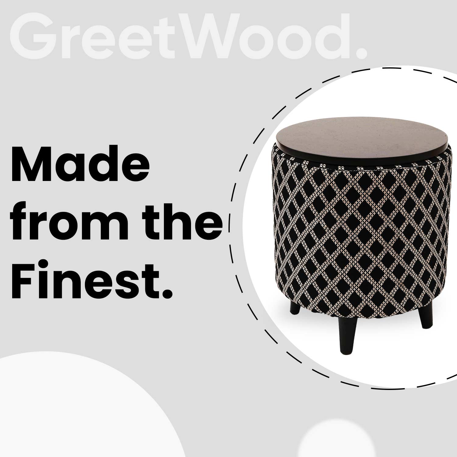 Multifunctional Tetrad Jacquard Wooden Footstool in Black Color
