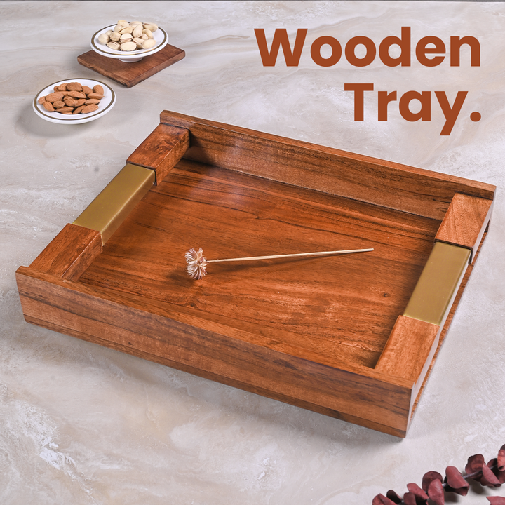 Greetwood Wooden Serving Tray With Brass Inlay Handles
