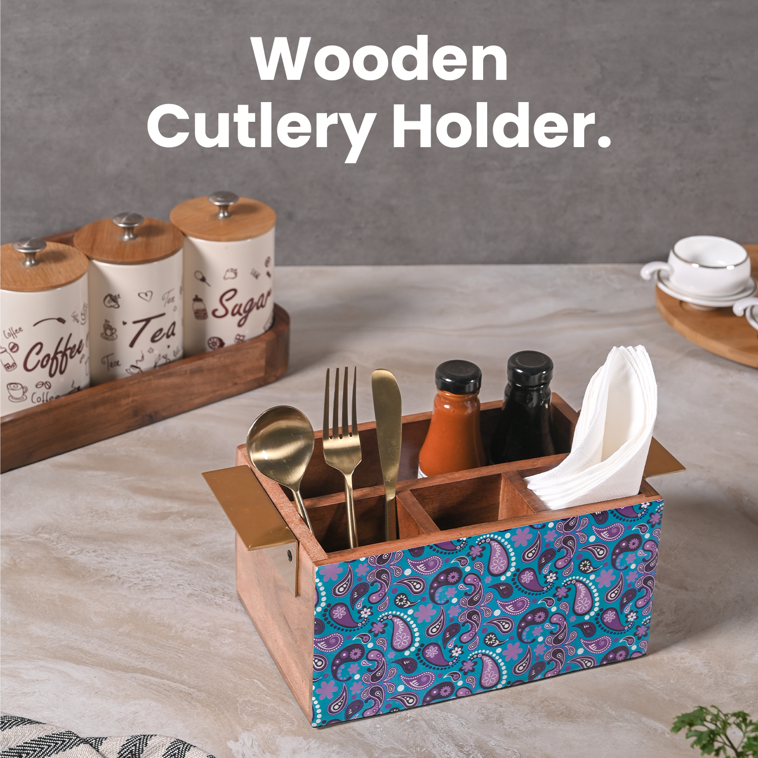 Greetwood Purple Printed Wooden Cutlery Holder for Kitchen
