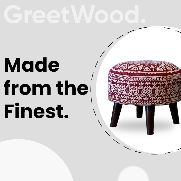 Contemporary Mandala Wooden Tuffet in Cherry Red Color Set of 2