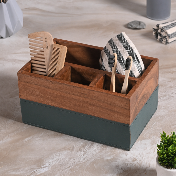 Greetwood Wooden Cutlery Holder for Kitchen in Leather Accent