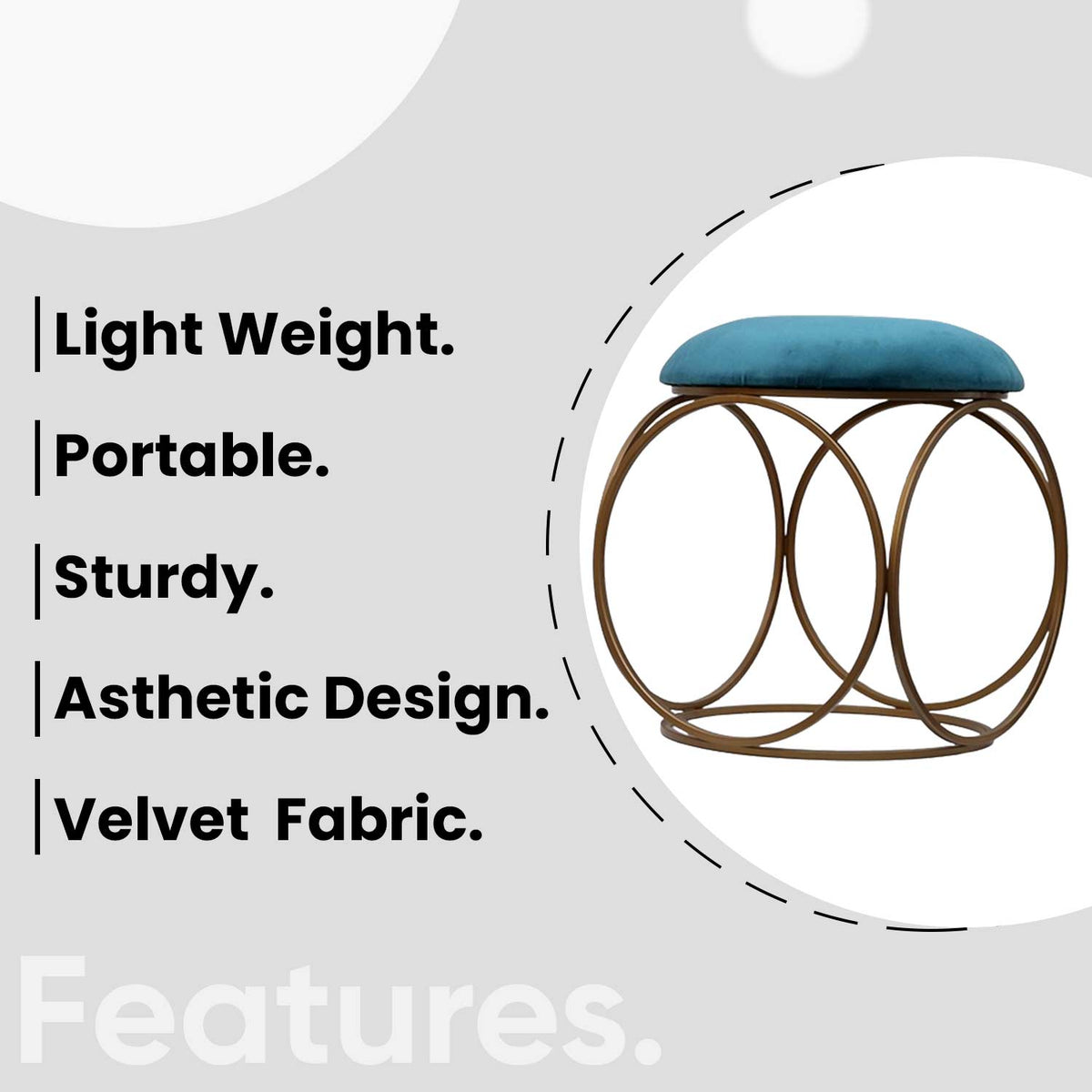 Modern Hexa-Style Golden Metal Stool in Teal Blue Cushion