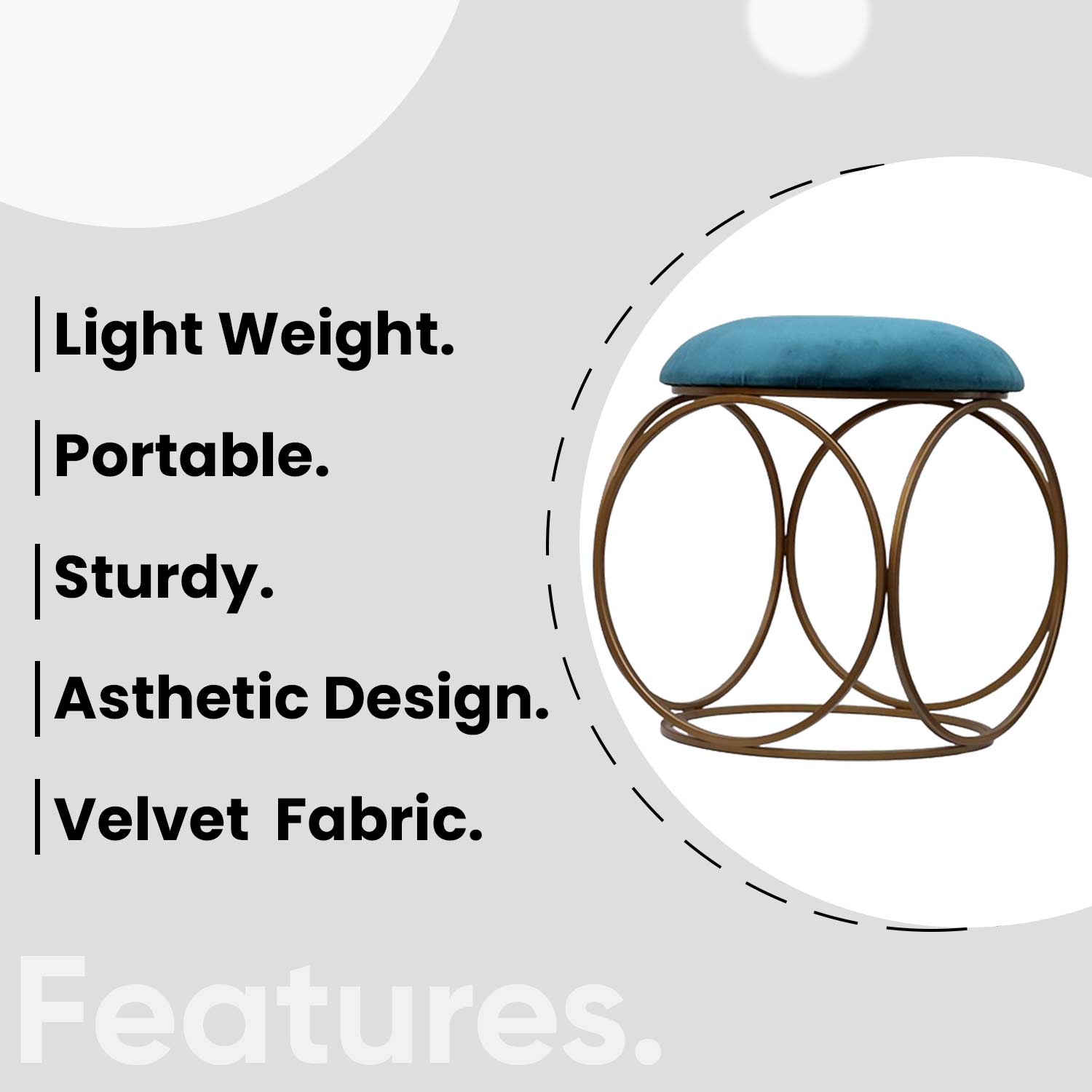 Modern Hexa-Style Golden Metal Stool in Teal Blue Cushion