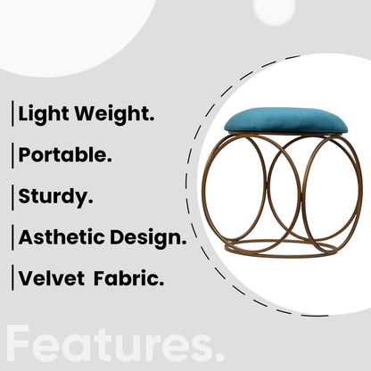 Modern Hexa-Style Golden Metal Stool in Teal Blue Cushion