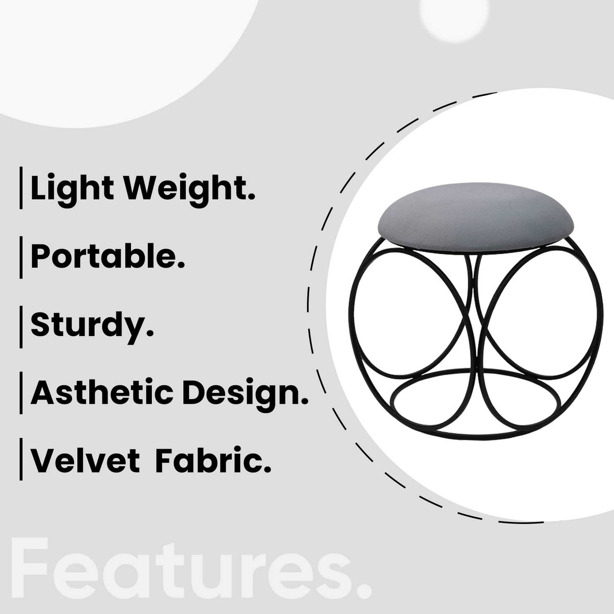Modern Hexa-Style Matt Black Metal Stool in Grey Cushion Set of 2