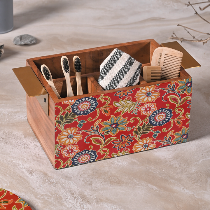 Greetwood Red Printed Wooden Cutlery Holder for Kitchen