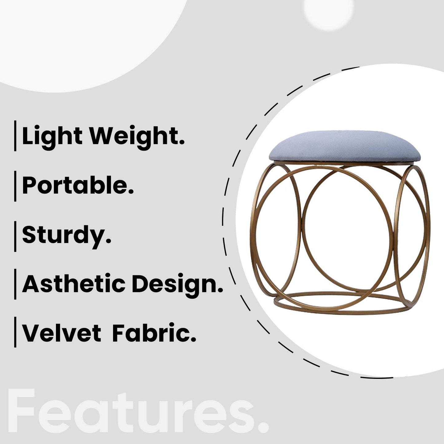 Modern Hexa-Style Golden Metal Stool in Grey Cushion Set of 2