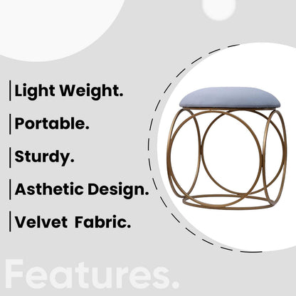 Modern Hexa-Style Golden Metal Stool in Grey Cushion Set of 2