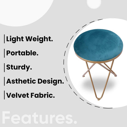 Ultra-modern Cross Leg Golden Metal Stool in Teal Blue Cushion