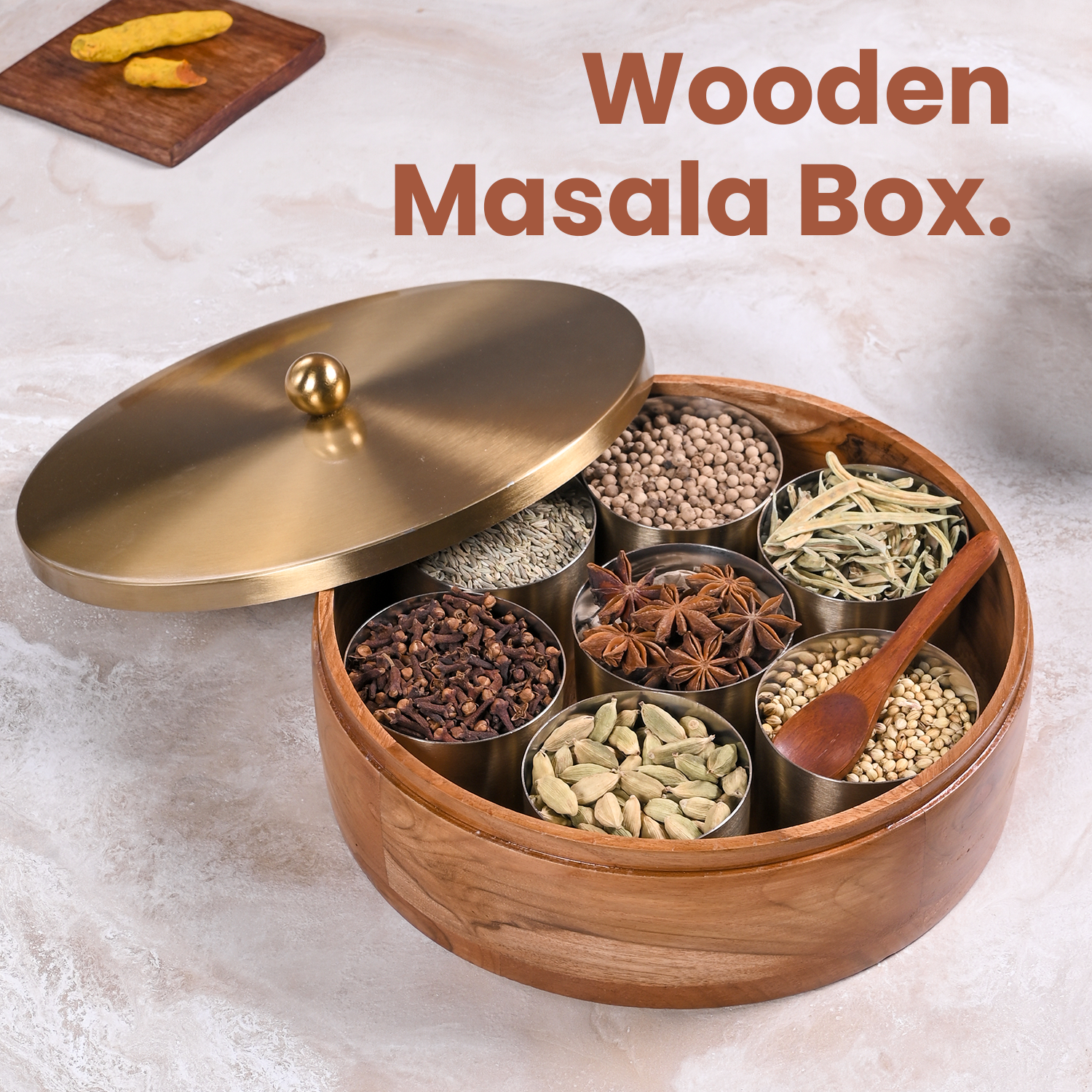 Greetwood Brass Lid Wooden Masala Box for Kitchen
