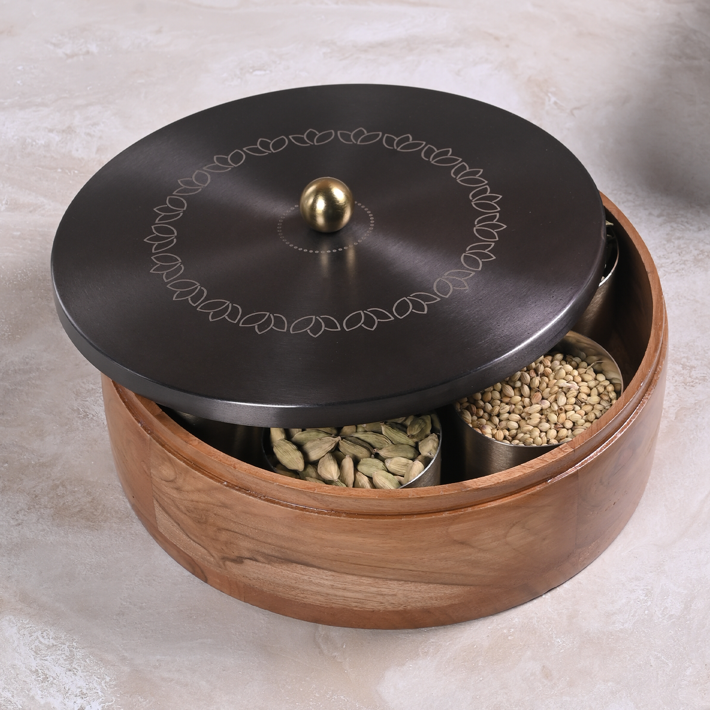 Greetwood GunMetal Lotus Wooden Masala Box for Kitchen