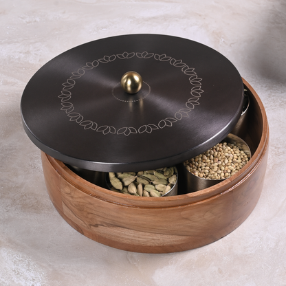 Greetwood GunMetal Lotus Wooden Masala Box for Kitchen