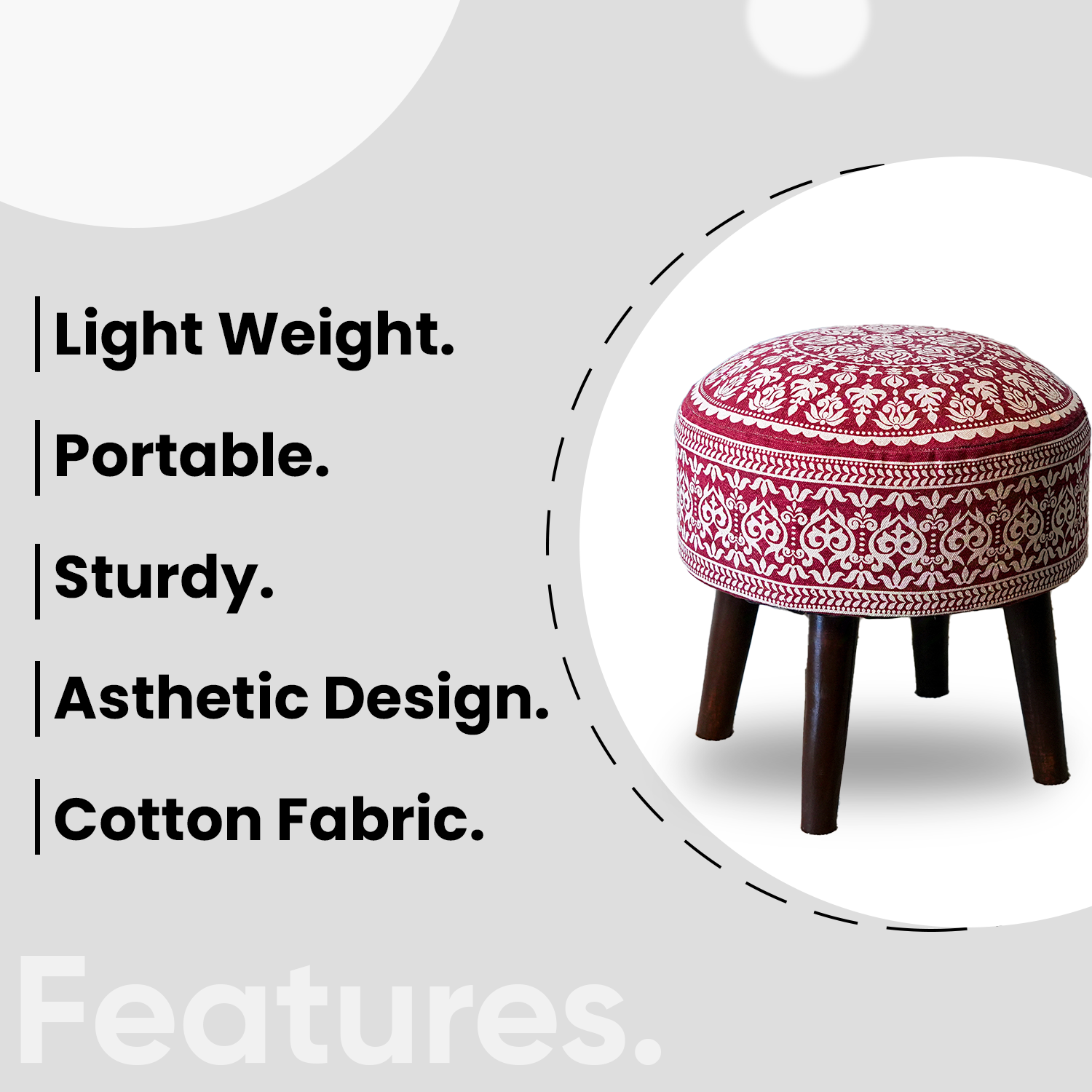 Mandala Wooden Ottoman in Cherry Red Color Set of 2