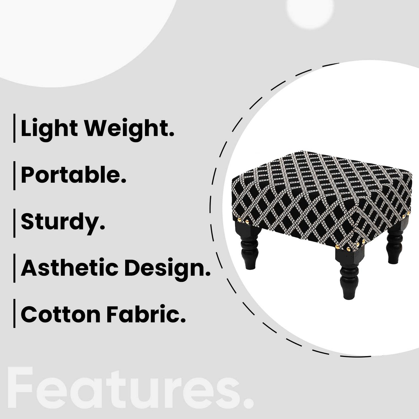 Multifunctional Tetrad Jacquard Wooden Footstool in Black Color Set of 2