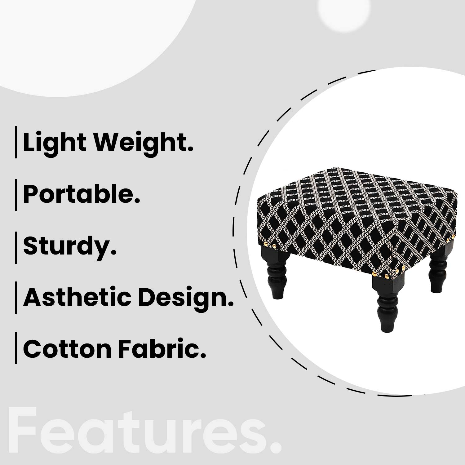 Multifunctional Tetrad Jacquard Wooden Footstool in Black Color Set of 2