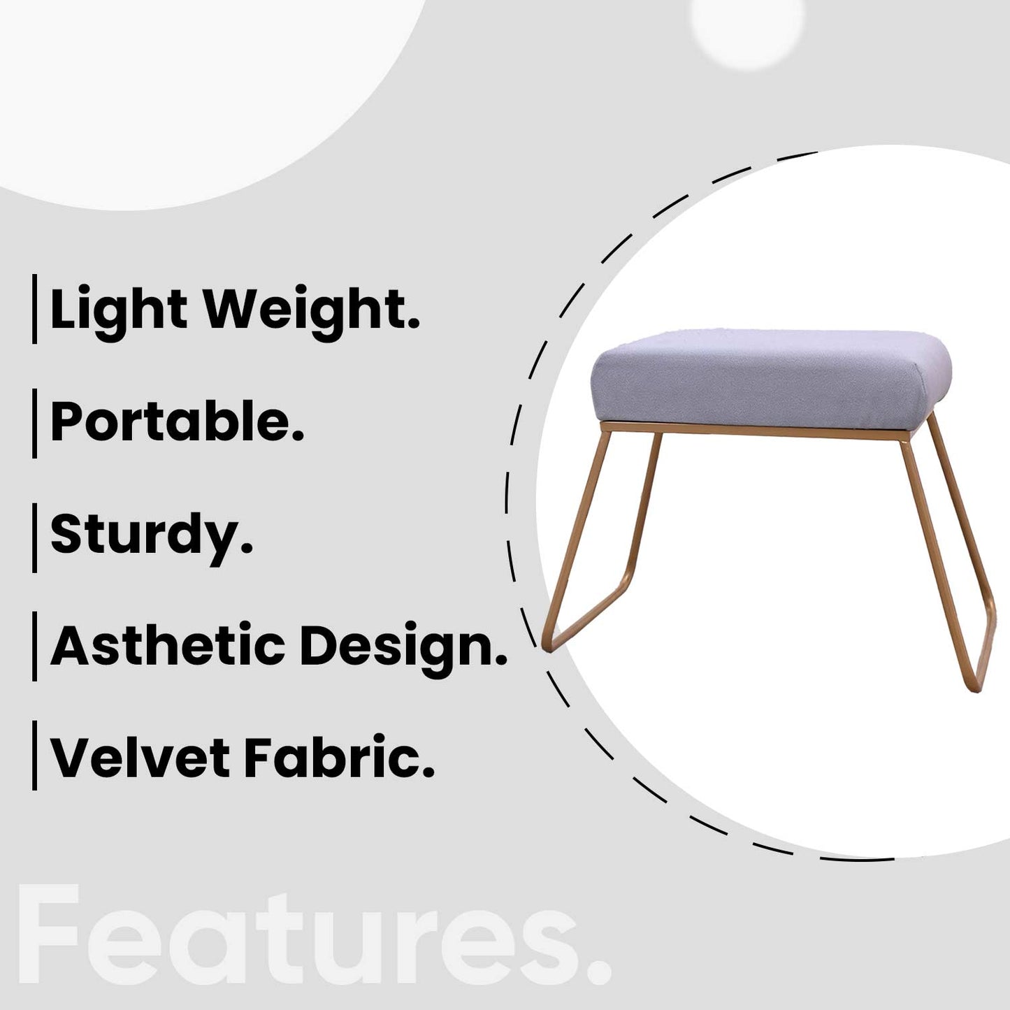 Classy and Compact Golden Metal Stool in Grey Cushion
