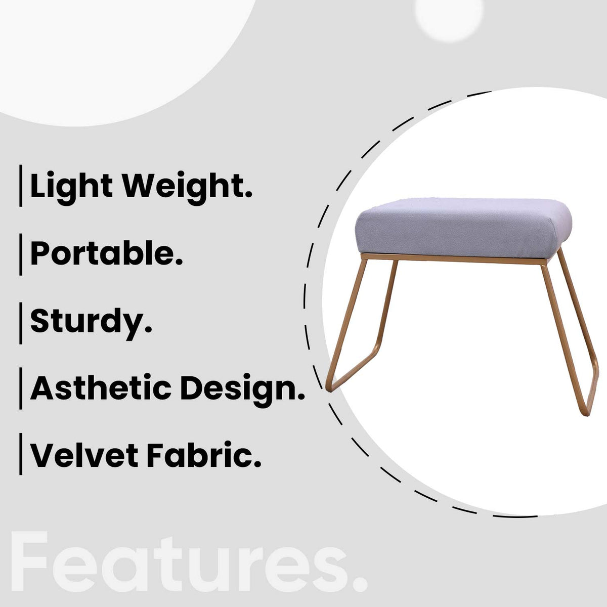 Classy and Compact Golden Metal Stool in Grey Cushion Set of 2
