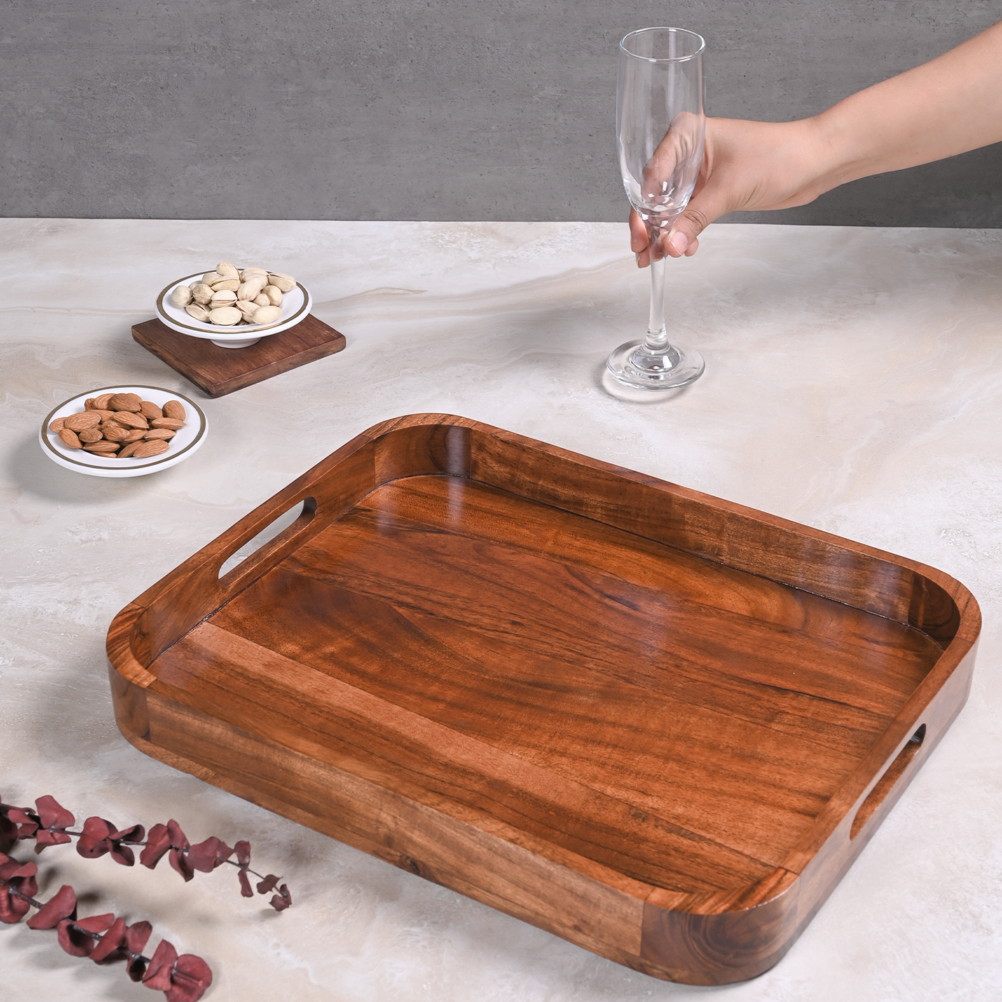 Greetwood Wooden Serving Tray With Inbuilt Handle