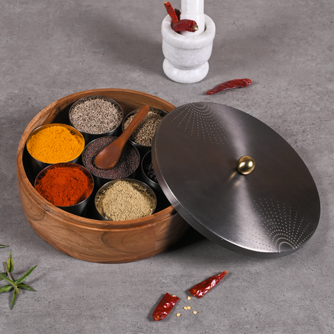 Greetwood GunMetal SunRays Wooden Masala Box for Kitchen