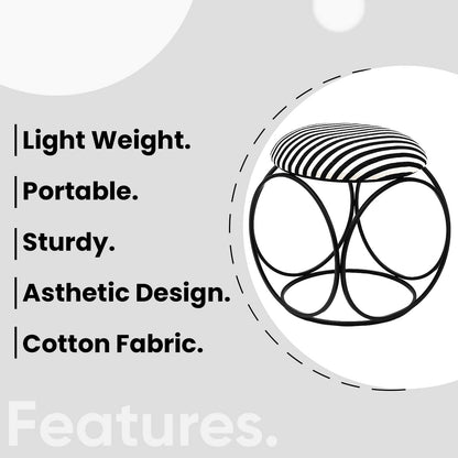 Modern Hexa-Style Matt Black Metal Stool in Black &amp; White Stripe Set of 2