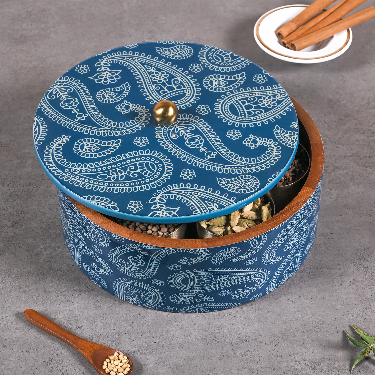Greetwood Blue Printed Wooden Masala Box for Kitchen