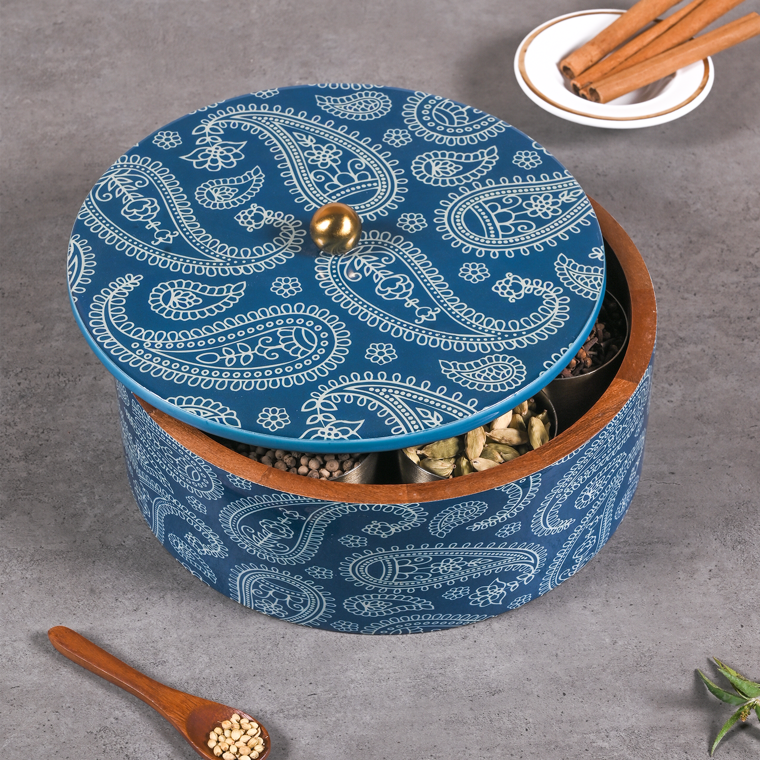 Greetwood Blue Printed Wooden Masala Box for Kitchen