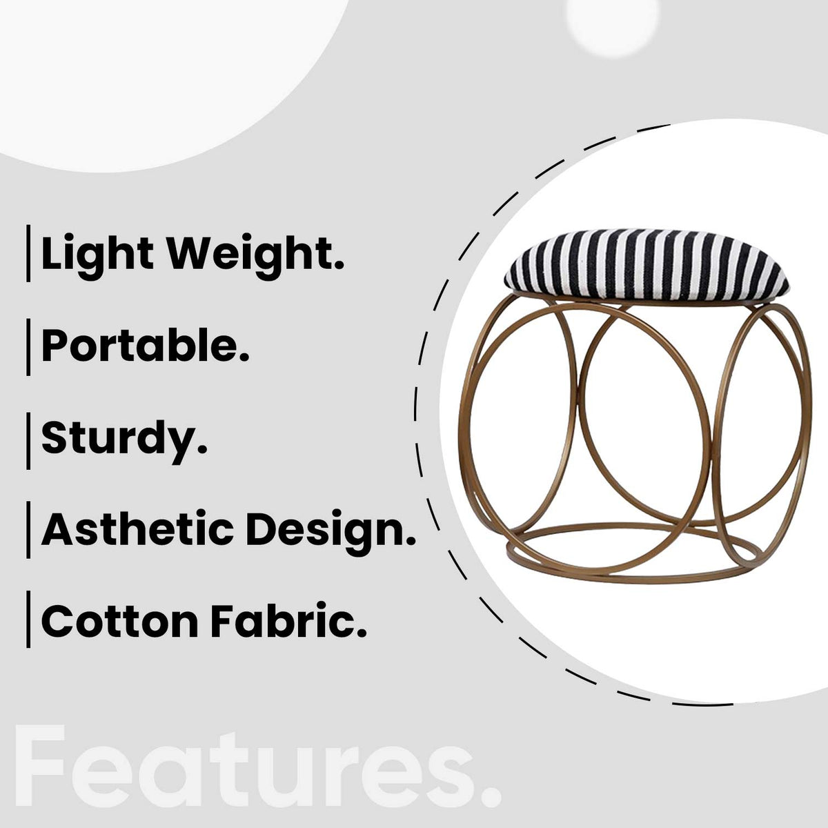 Modern Hexa-Style Golden Metal Stool in Black &amp; White Stripe Set of 2