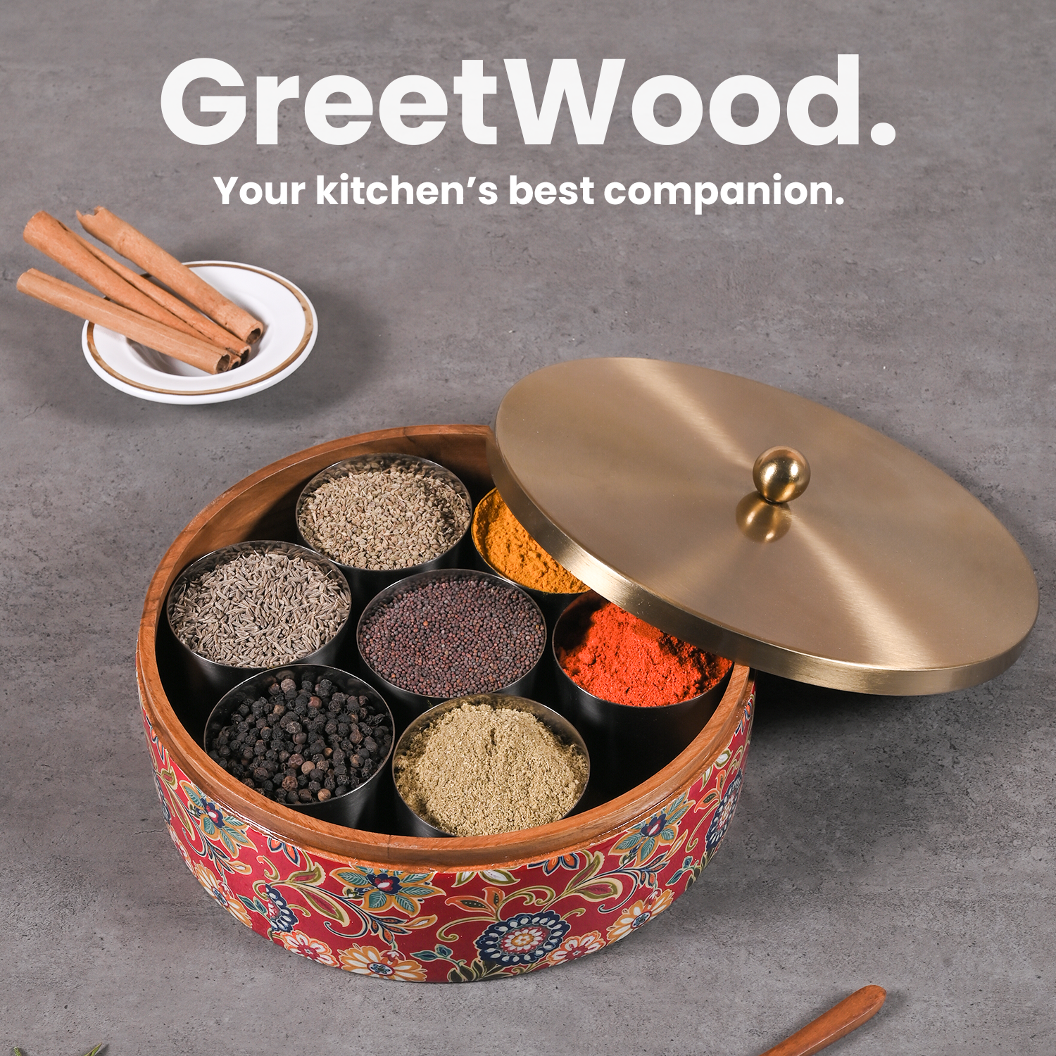 Greetwood Brass Lid Wooden Masala Box for Kitchen in Red Print