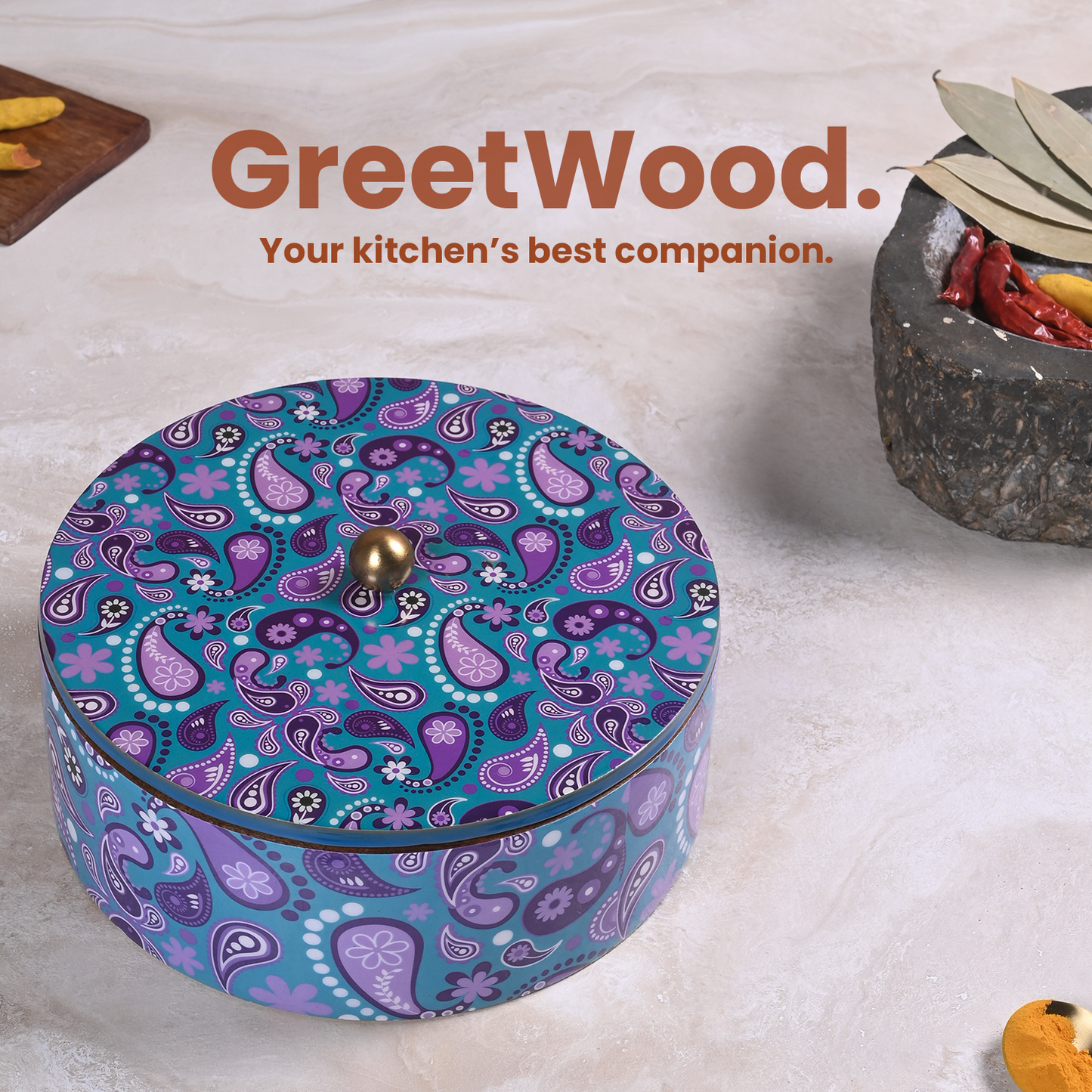 Greetwood Purple Printed Wooden Masala Box for Kitchen