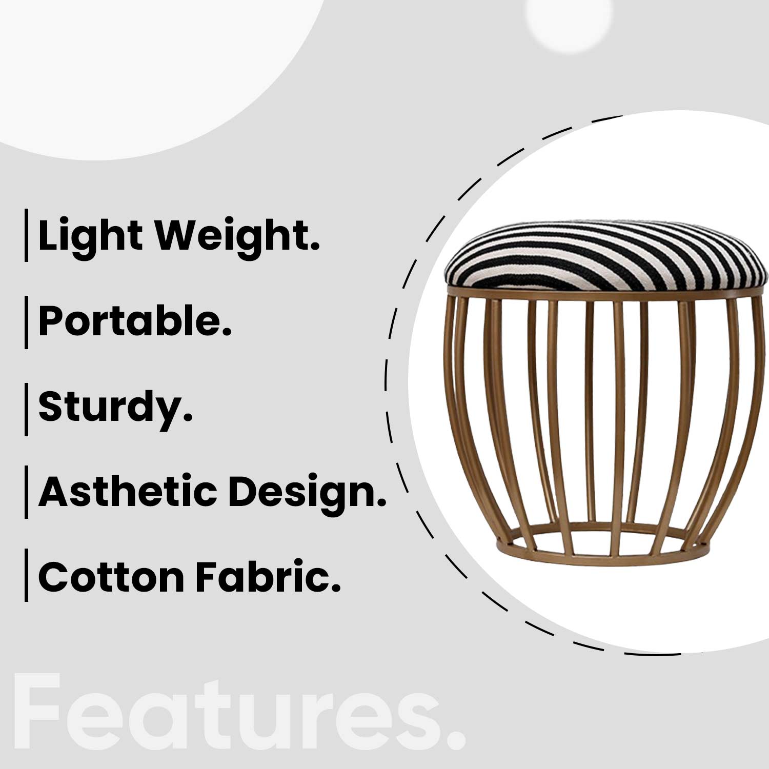 Classic Cage-Style Golden Metal Stool in Black &amp; White Stripe